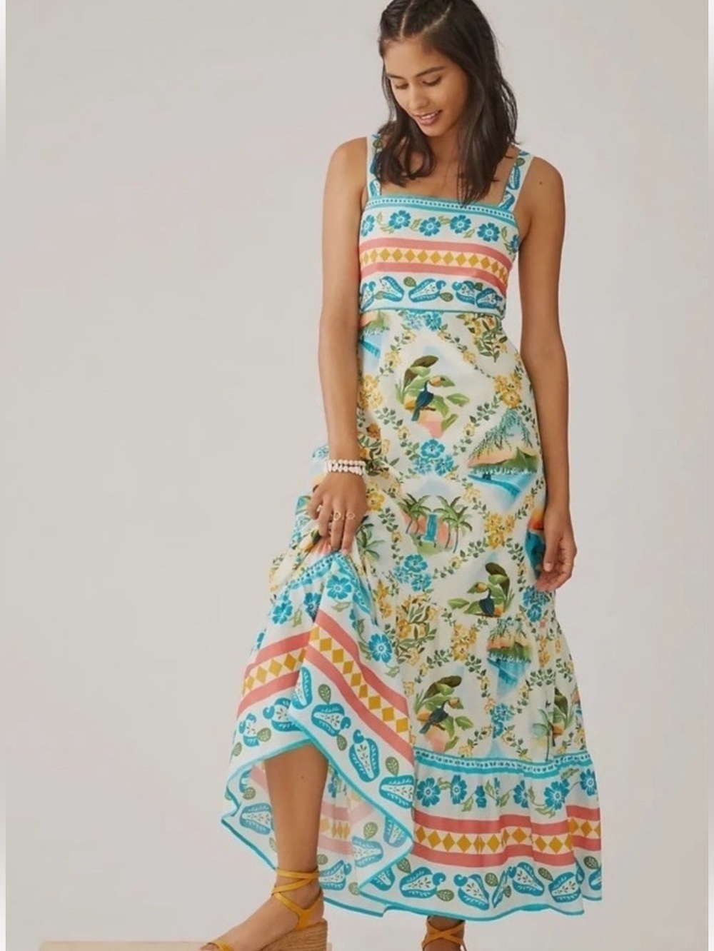 Farm Rio x Anthropologie Tropical Postcard Printed Ruffle Cotton Maxi Dress XL